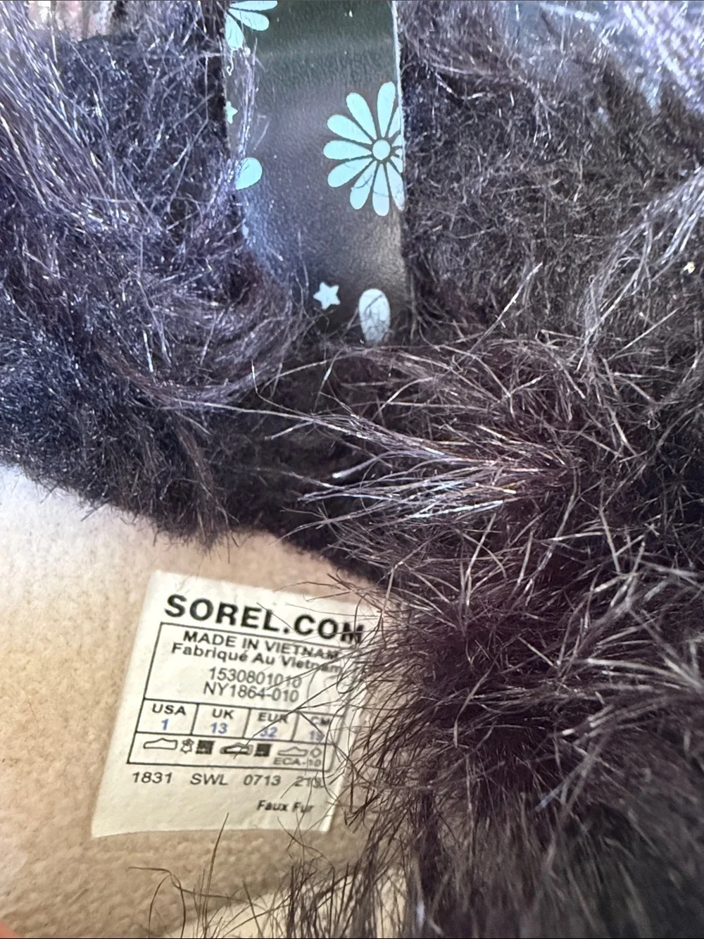 Sorel Tofino Black and Blue Floral Faux Fur Lace-Up Winter Boots